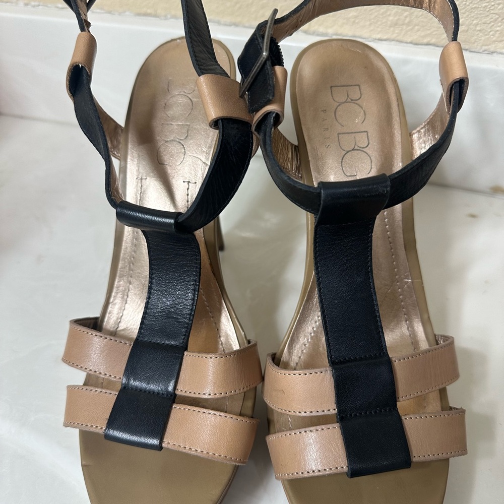BCBG Black and Tan Strappy Heels